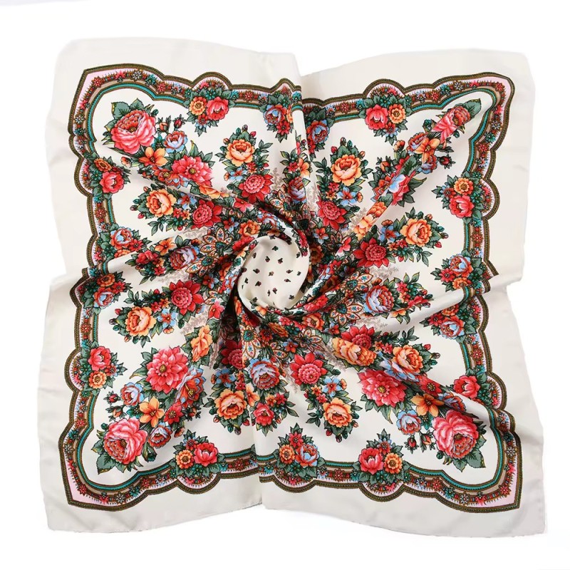 Russian Ethnic Digital Printing Flower Square Headscarf 70*70 cm Beige