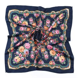 Russian Ethnic Digital Printing Flower Square Headscarf 70*70 cm Navy Blue
