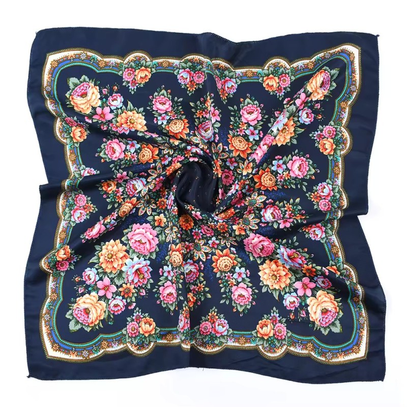 Russian Ethnic Digital Printing Flower Square Headscarf 70*70 cm Navy Blue