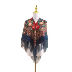 Russian Ethnic Retro Shawl 110*110 cm Lake blue