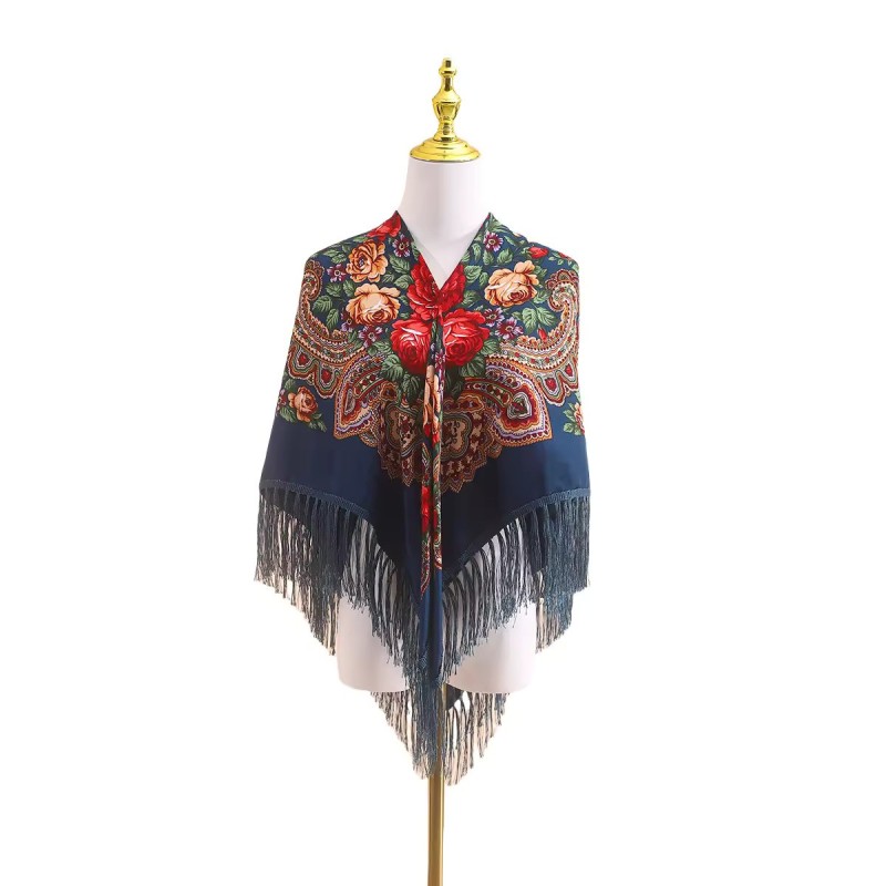 Russian Ethnic Retro Shawl 110*110 cm Lake blue