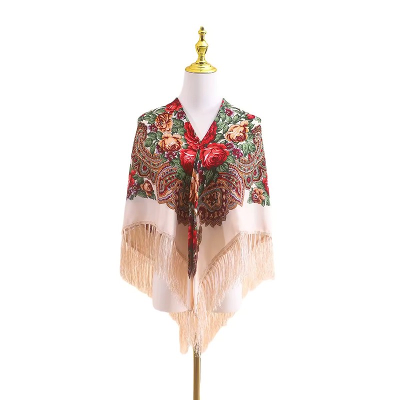 Russian Ethnic Retro Shawl 110*110 cm Rice white