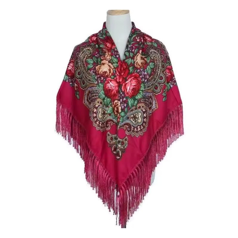 National Style Cotton Printed Russian Shawl 130*130 cm Rose red