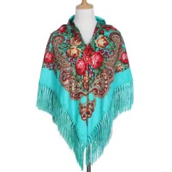 National Style Cotton Printed Russian Shawl 130*130 cm Emerald green