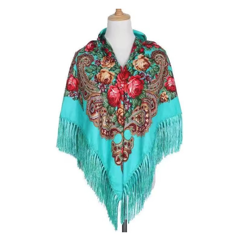 National Style Cotton Printed Russian Shawl 130*130 cm Emerald green