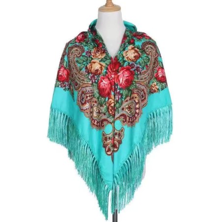 National Style Cotton Printed Russian Shawl 130*130 cm Emerald green