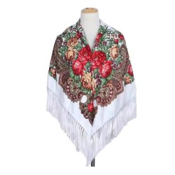 National Style Cotton Printed Russian Shawl 130*130 cm White