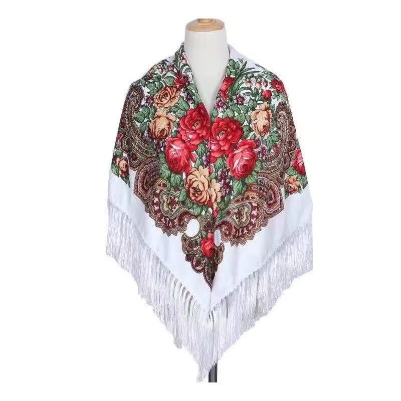 National Style Cotton Printed Russian Shawl 130*130 cm White