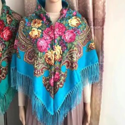 National Style Cotton Printed Russian Shawl 130*130 cm Sky blue