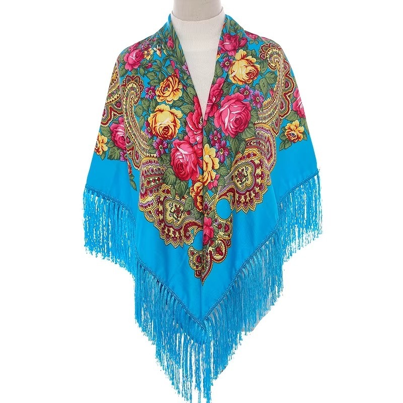 National Style Cotton Printed Russian Shawl 130*130 cm Sky blue