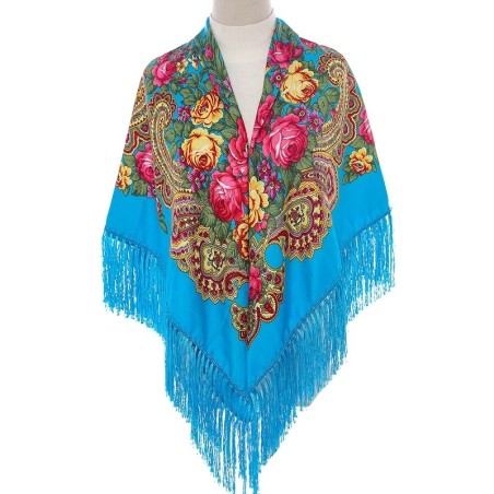 National Style Cotton Printed Russian Shawl 130*130 cm Sky blue