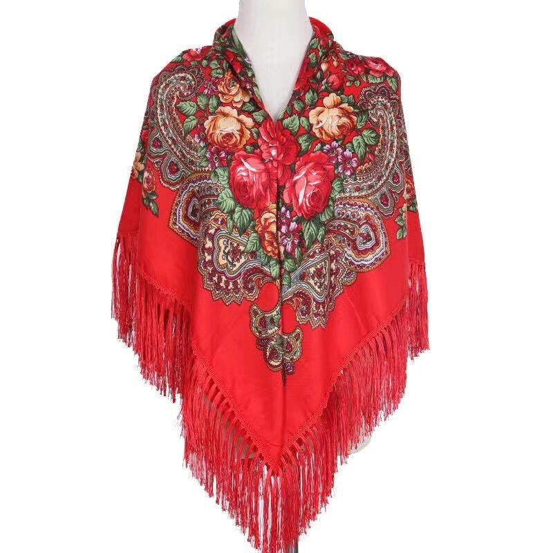 National Style Cotton Printed Russian Shawl 130*130 cm Red