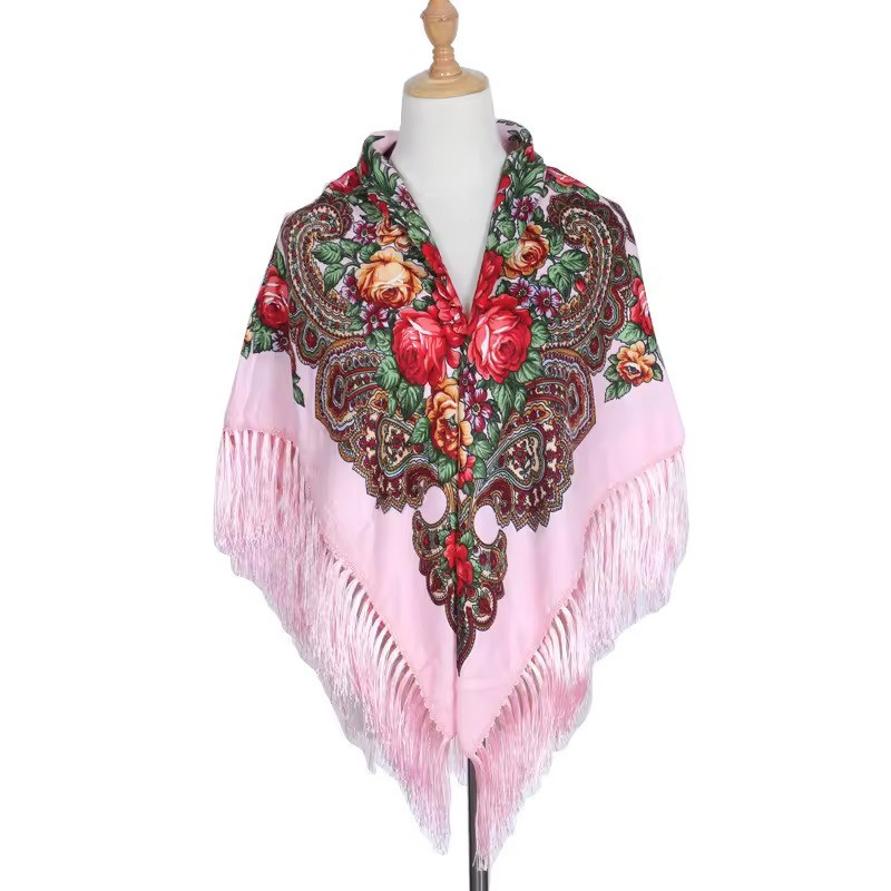 National Style Cotton Printed Russian Shawl 130*130 cm Pink