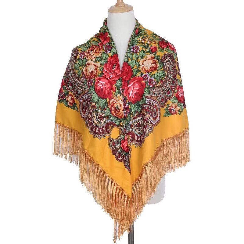 National Style Cotton Printed Russian Shawl 130*130 cm Yellow