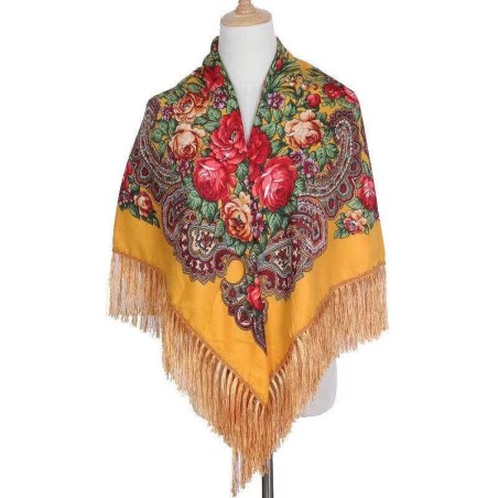 National Style Cotton Printed Russian Shawl 130*130 cm Yellow