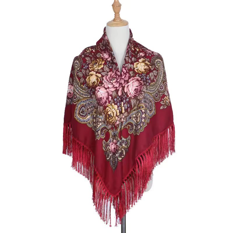 National Style Cotton Printed Russian Shawl 130*130 cm Burgundy