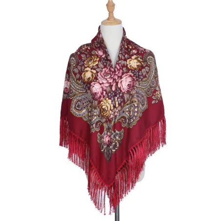 National Style Cotton Printed Russian Shawl 130*130 cm Burgundy