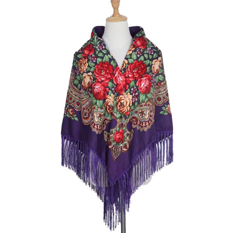 National Style Cotton Printed Russian Shawl 130*130 cm Noble purple