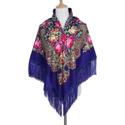 National Style Cotton Printed Russian Shawl 130*130 cm Sapphire blue
