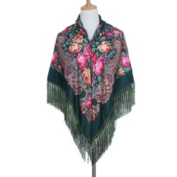 National Style Cotton Printed Russian Shawl 130*130 cm Dark green