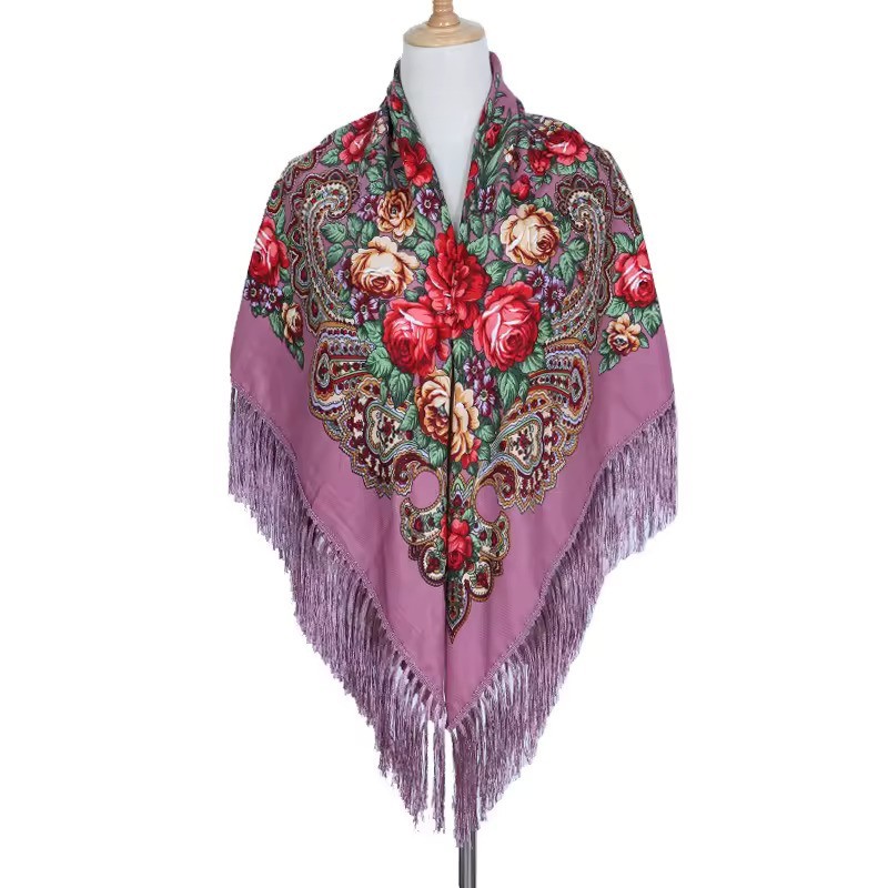 National Style Cotton Printed Russian Shawl 130*130 cm Leather powder