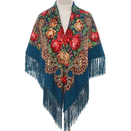 Style Cotton Printed Russian Shawl 130*130 cm Turquoise