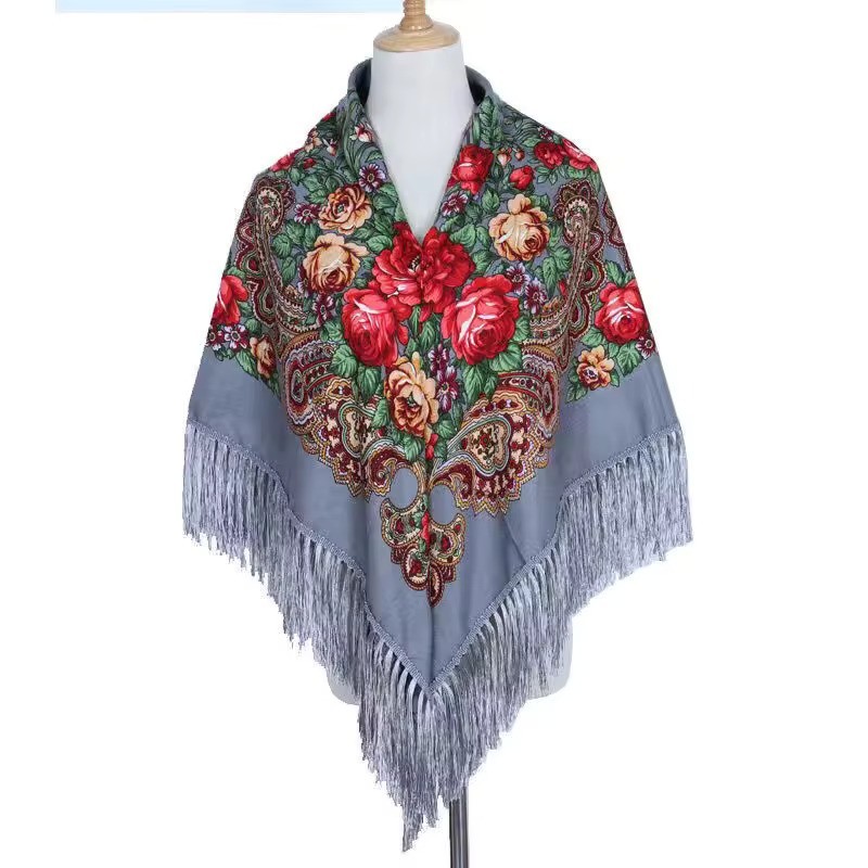 National Style Cotton Printed Russian Shawl 130*130 cm Grey